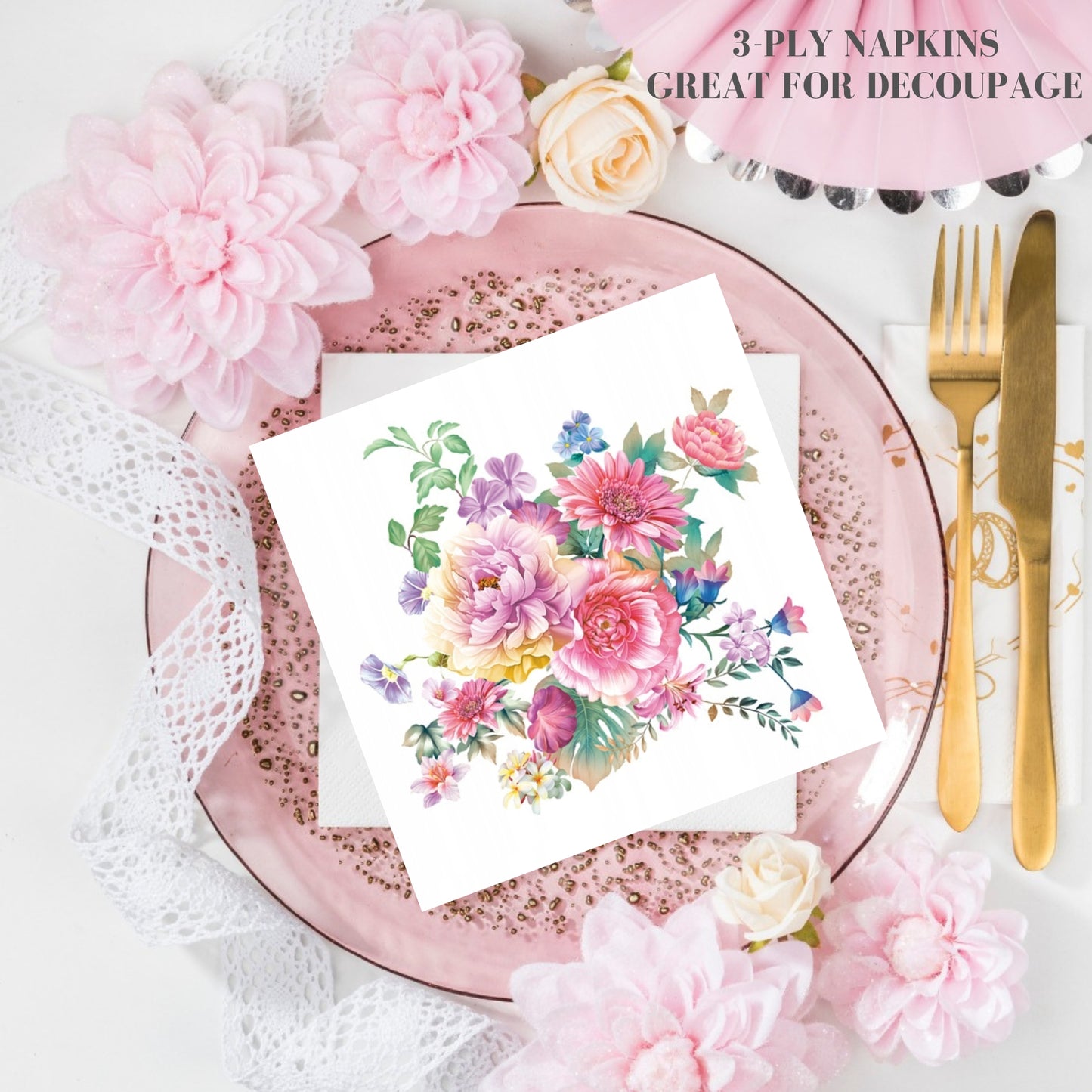 Flowers Napkins Decorative Pink Flower Paper Decoupage Napkin #5307